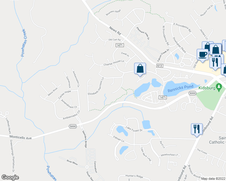 map of restaurants, bars, coffee shops, grocery stores, and more near 108 Sir John Randolph Terrace in Williamsburg