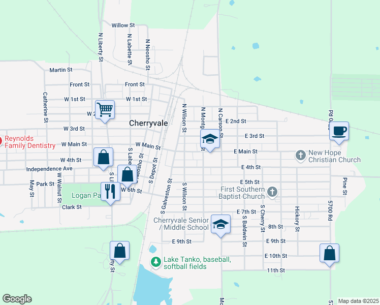 map of restaurants, bars, coffee shops, grocery stores, and more near 329 East Main Street in Cherryvale