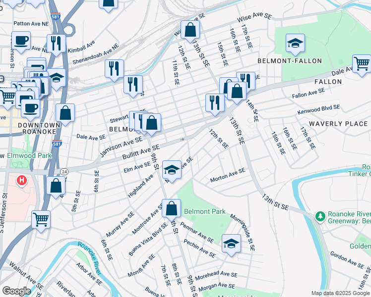 map of restaurants, bars, coffee shops, grocery stores, and more near 1037 Highland Avenue Southeast in Roanoke