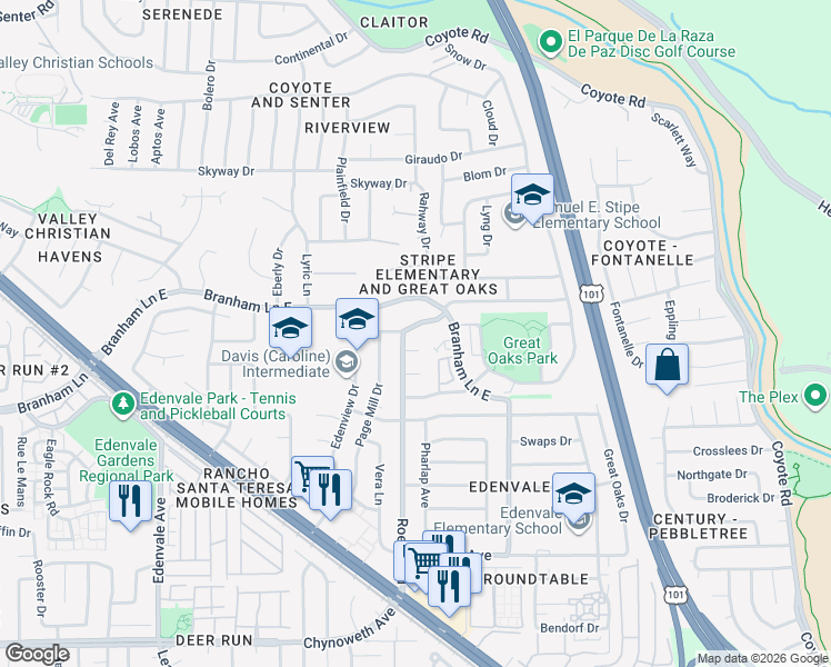 map of restaurants, bars, coffee shops, grocery stores, and more near 366 War Admiral Avenue in San Jose