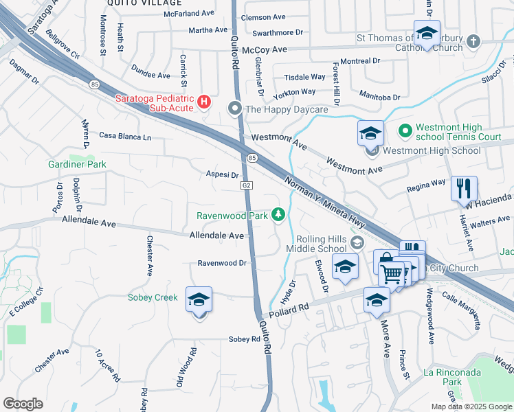 map of restaurants, bars, coffee shops, grocery stores, and more near 18419 Montpere Way in Saratoga