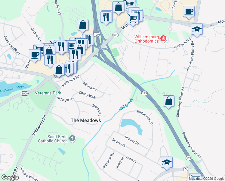 map of restaurants, bars, coffee shops, grocery stores, and more near 125 Indigo Dam Road in Williamsburg