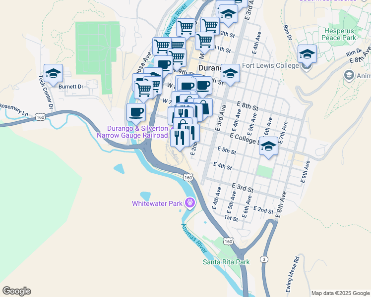 map of restaurants, bars, coffee shops, grocery stores, and more near 147 East 5th Street in Durango