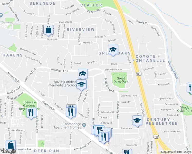 map of restaurants, bars, coffee shops, grocery stores, and more near 366 War Admiral Avenue in San Jose