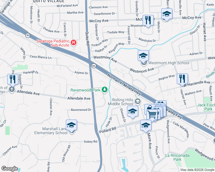 map of restaurants, bars, coffee shops, grocery stores, and more near 1320 Elwood Drive in Los Gatos