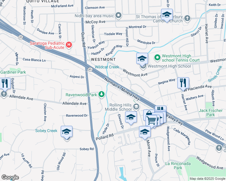 map of restaurants, bars, coffee shops, grocery stores, and more near 1350 Elwood Drive in Los Gatos