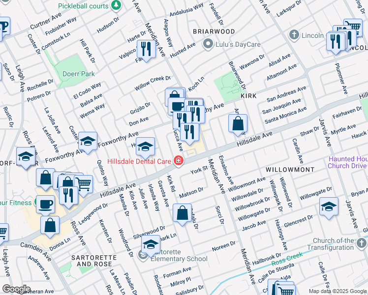 map of restaurants, bars, coffee shops, grocery stores, and more near 3129 Meridian Avenue in San Jose