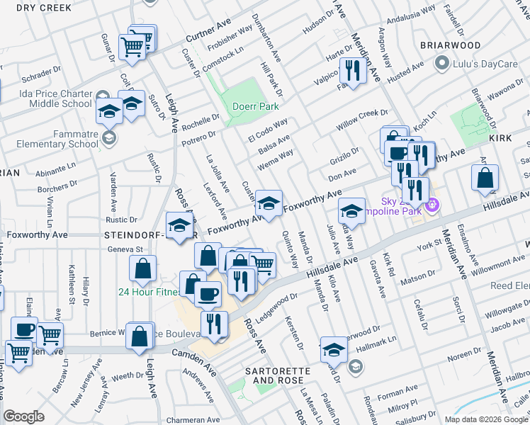 map of restaurants, bars, coffee shops, grocery stores, and more near 2953 Quinto Way in San Jose