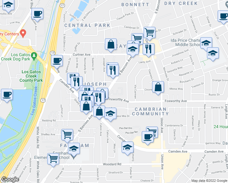 map of restaurants, bars, coffee shops, grocery stores, and more near 2910 South Bascom Avenue in San Jose