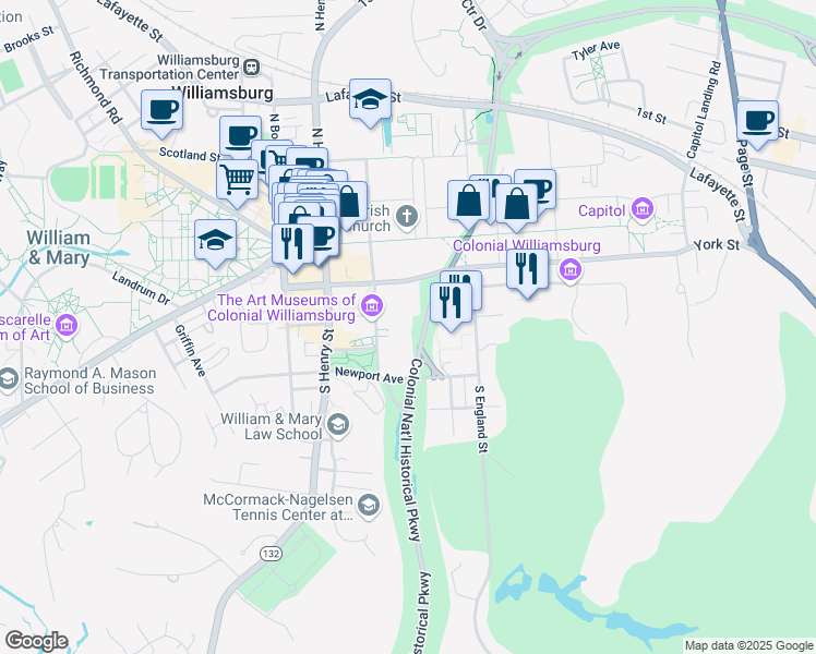 map of restaurants, bars, coffee shops, grocery stores, and more near 202 Francis Street West in Williamsburg