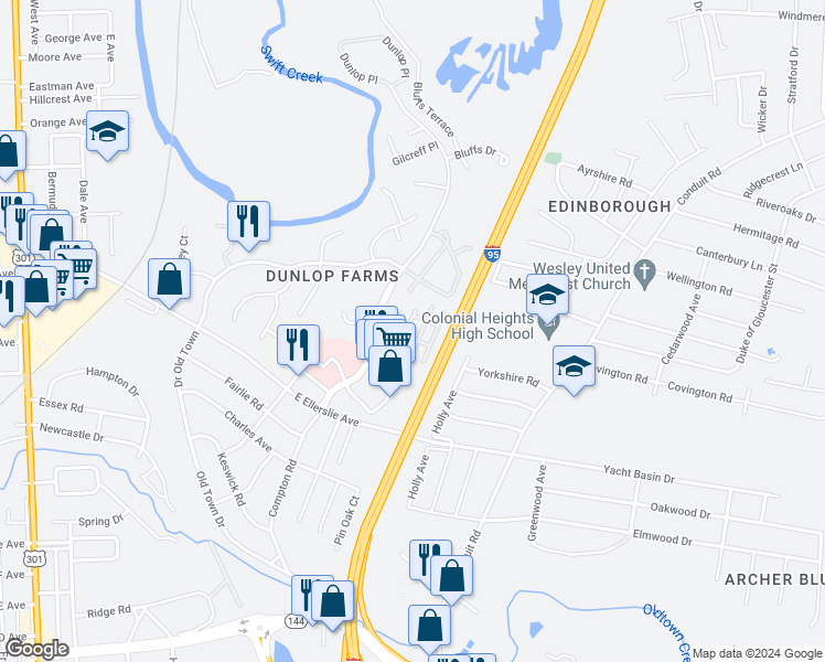 map of restaurants, bars, coffee shops, grocery stores, and more near 101 Old Oak Lane in Colonial Heights