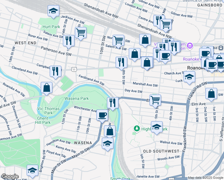 map of restaurants, bars, coffee shops, grocery stores, and more near 845 Day Avenue Southwest in Roanoke