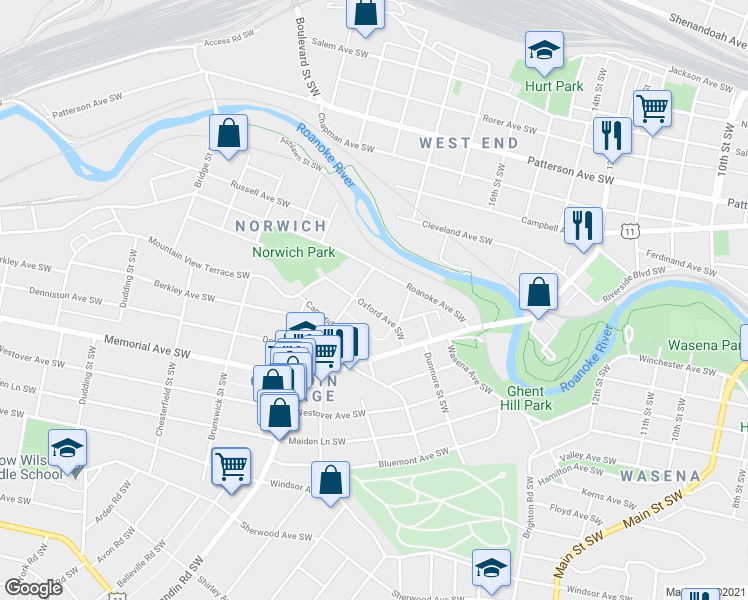 map of restaurants, bars, coffee shops, grocery stores, and more near 817 James Street Southwest in Roanoke