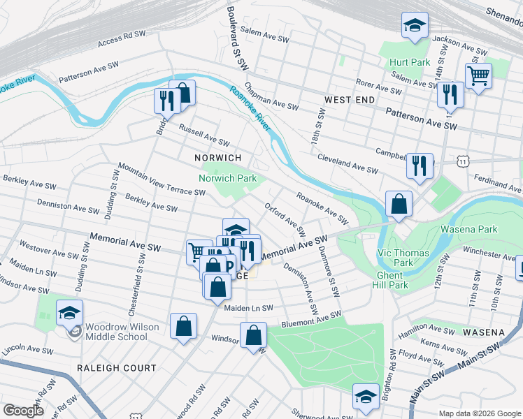 map of restaurants, bars, coffee shops, grocery stores, and more near 1926 Oxford Avenue Southwest in Roanoke