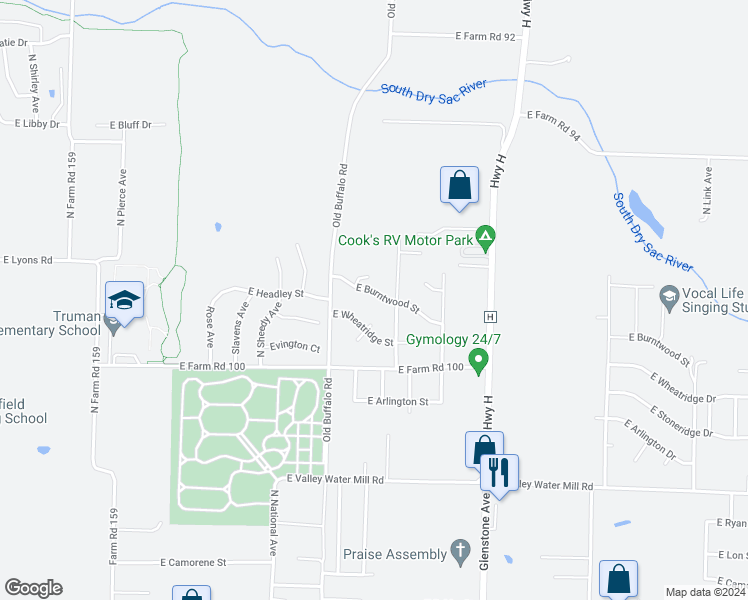map of restaurants, bars, coffee shops, grocery stores, and more near 1376 East Burntwood Street in Springfield