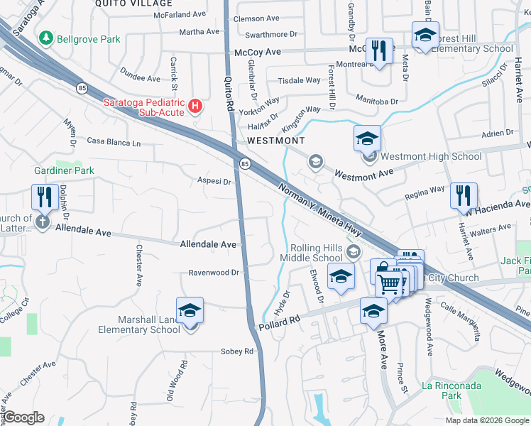 map of restaurants, bars, coffee shops, grocery stores, and more near 18371 Montpere Way in Saratoga