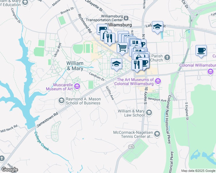 map of restaurants, bars, coffee shops, grocery stores, and more near 101 Griffin Avenue in Williamsburg
