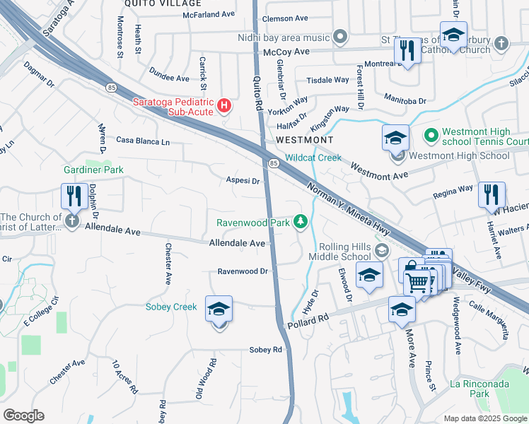 map of restaurants, bars, coffee shops, grocery stores, and more near 13741 Quito Road in Saratoga