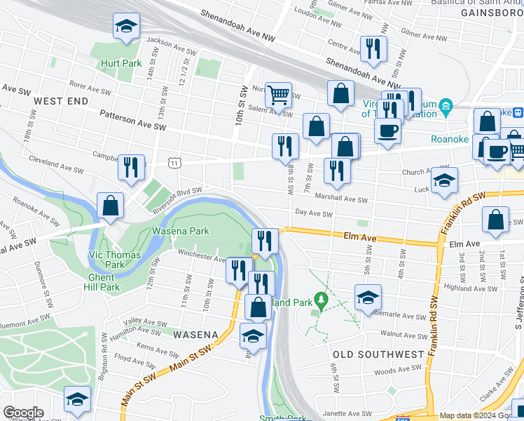 map of restaurants, bars, coffee shops, grocery stores, and more near 845 Day Avenue Southwest in Roanoke