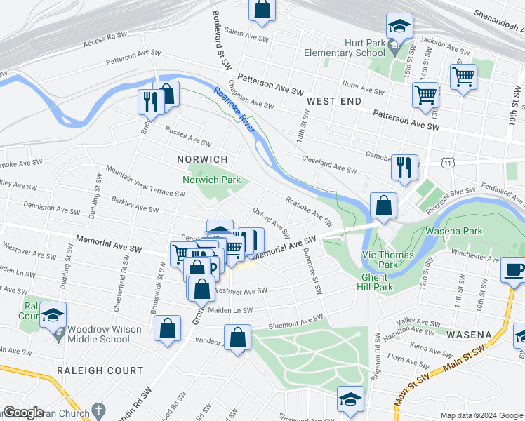 map of restaurants, bars, coffee shops, grocery stores, and more near 1837 Oxford Avenue Southwest in Roanoke