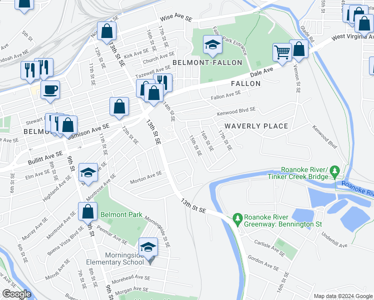 map of restaurants, bars, coffee shops, grocery stores, and more near 1114 14th Street Southeast in Roanoke