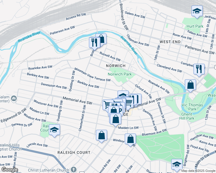 map of restaurants, bars, coffee shops, grocery stores, and more near 2047 Berkley Avenue Southwest in Roanoke