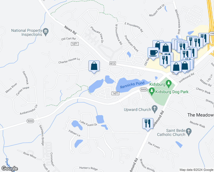 map of restaurants, bars, coffee shops, grocery stores, and more near 110 Waters Edge Drive in Williamsburg