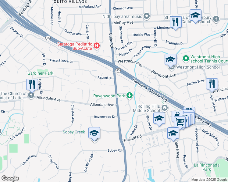 map of restaurants, bars, coffee shops, grocery stores, and more near 13741 Quito Road in Saratoga