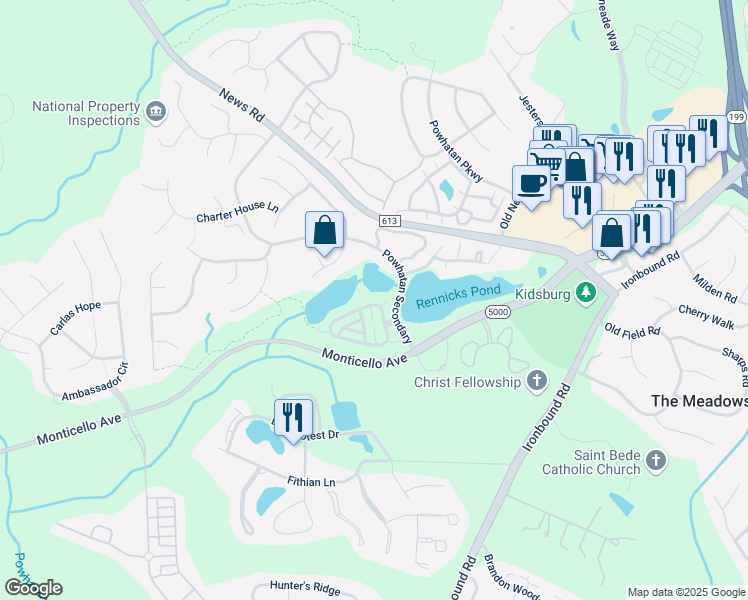 map of restaurants, bars, coffee shops, grocery stores, and more near 110 Waters Edge Drive in Williamsburg