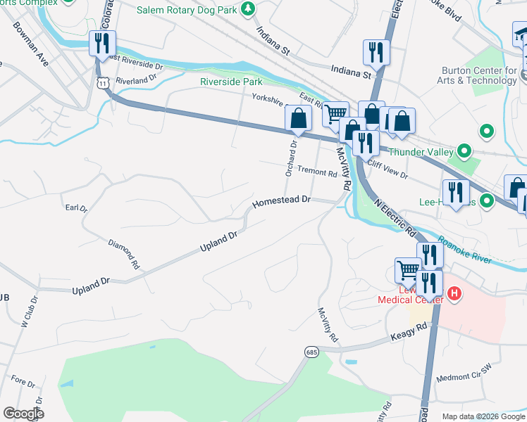 map of restaurants, bars, coffee shops, grocery stores, and more near 801-899 Homestead Drive in Salem