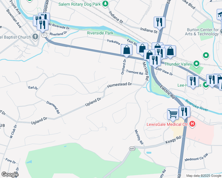 map of restaurants, bars, coffee shops, grocery stores, and more near 3 Upland Drive in Salem