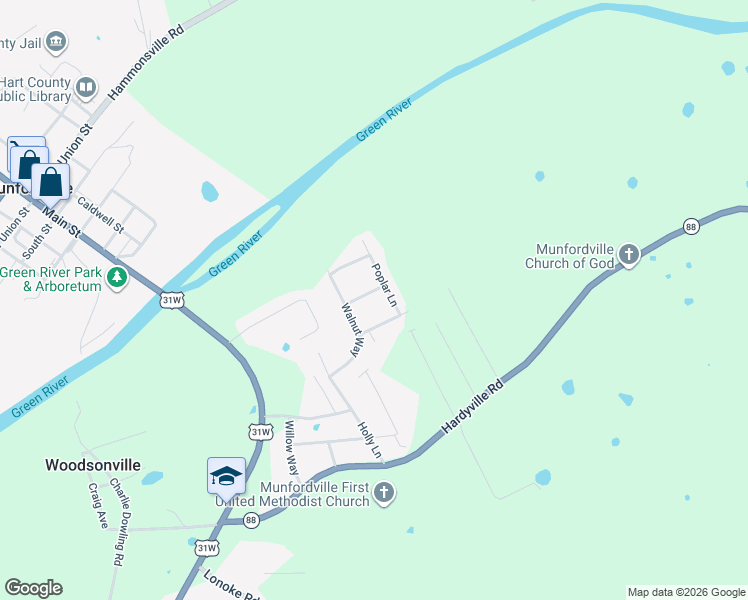 map of restaurants, bars, coffee shops, grocery stores, and more near 1-399 Hickory Lane in Munfordville