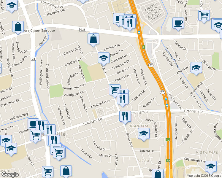 map of restaurants, bars, coffee shops, grocery stores, and more near Pearl Avenue in San Jose