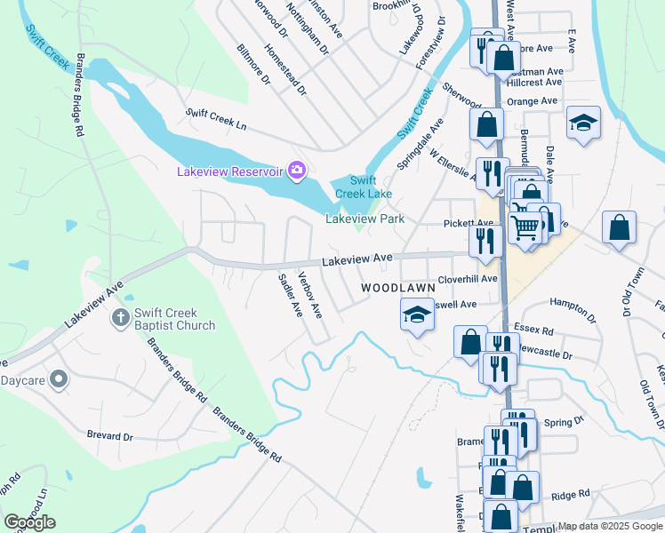 map of restaurants, bars, coffee shops, grocery stores, and more near 101 Cedar Creek Lane in Colonial Heights