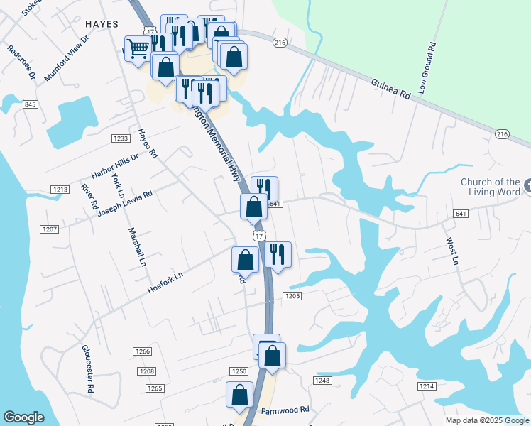 map of restaurants, bars, coffee shops, grocery stores, and more near 7671 Tidemill Rd in Hayes