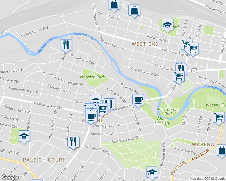 map of restaurants, bars, coffee shops, grocery stores, and more near 1843 Oxford Avenue Southwest in Roanoke