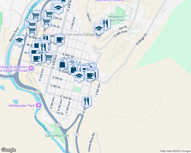 map of restaurants, bars, coffee shops, grocery stores, and more near 820 East 7th Street in Durango