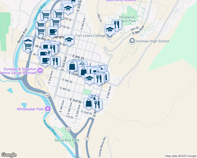 map of restaurants, bars, coffee shops, grocery stores, and more near in Durango