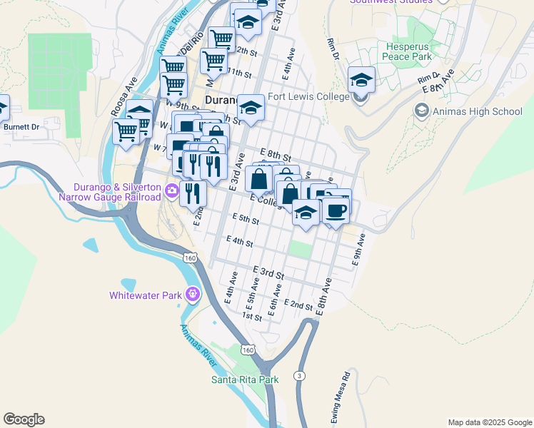 map of restaurants, bars, coffee shops, grocery stores, and more near 434 East College Drive in Durango