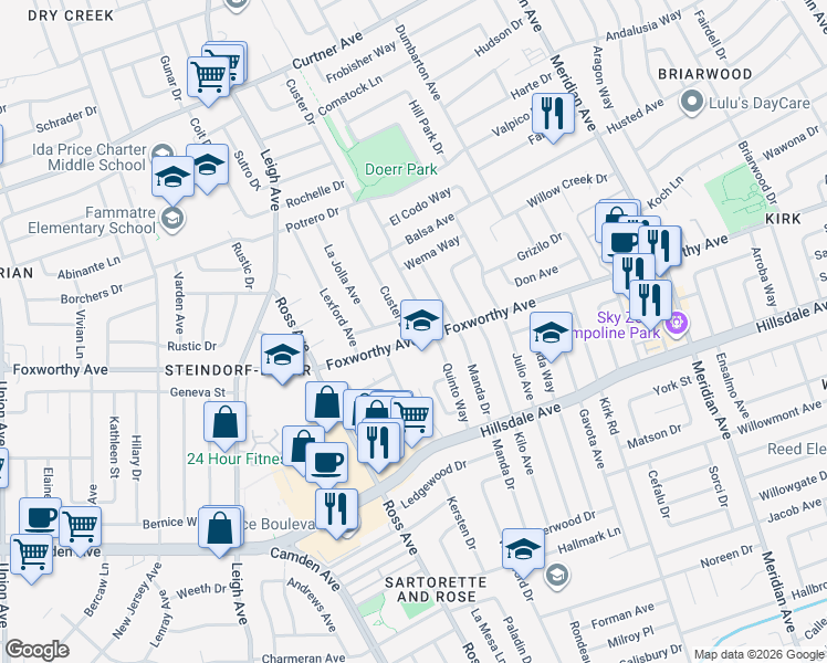 map of restaurants, bars, coffee shops, grocery stores, and more near 2953 Quinto Way in San Jose
