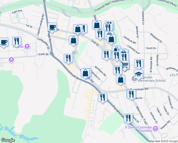 map of restaurants, bars, coffee shops, grocery stores, and more near 493 Catesby Lane in Williamsburg