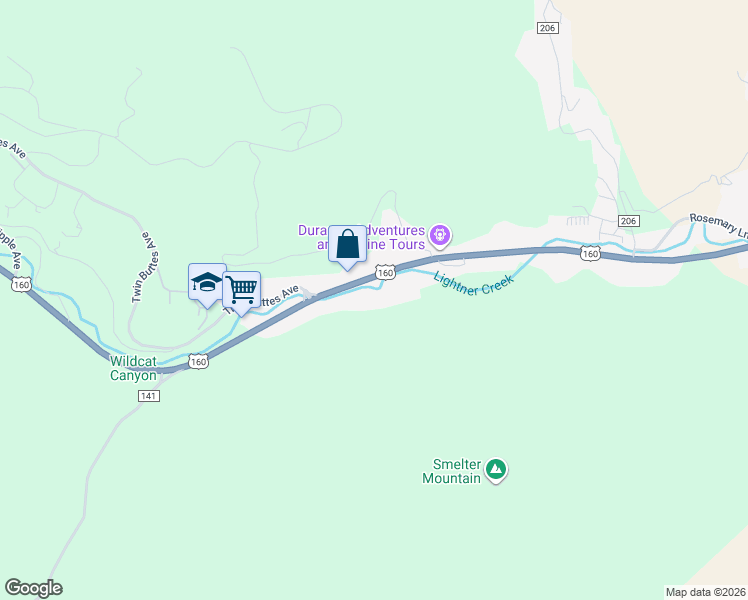 map of restaurants, bars, coffee shops, grocery stores, and more near 20328-20650 U.S. 160 in Durango
