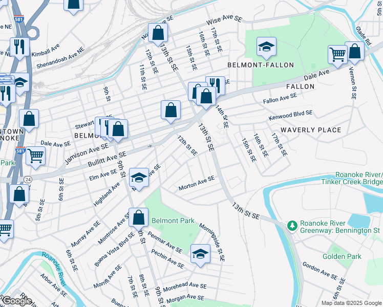 map of restaurants, bars, coffee shops, grocery stores, and more near 1025 12th Street Southeast in Roanoke