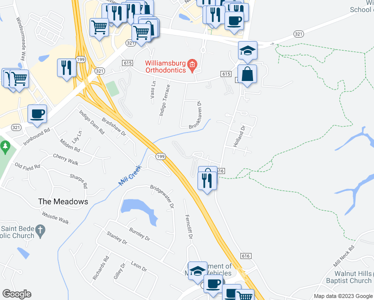 map of restaurants, bars, coffee shops, grocery stores, and more near 4005 Midlands Road in Williamsburg
