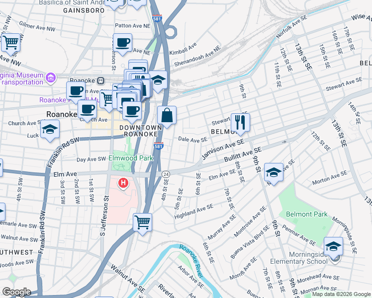 map of restaurants, bars, coffee shops, grocery stores, and more near 510 4th Street Southeast in Roanoke