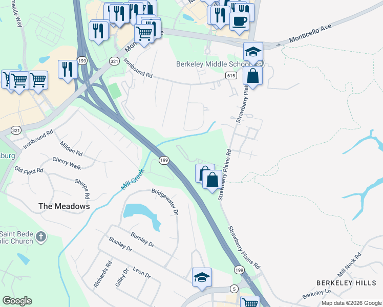 map of restaurants, bars, coffee shops, grocery stores, and more near 4015 Midlands Road in Williamsburg