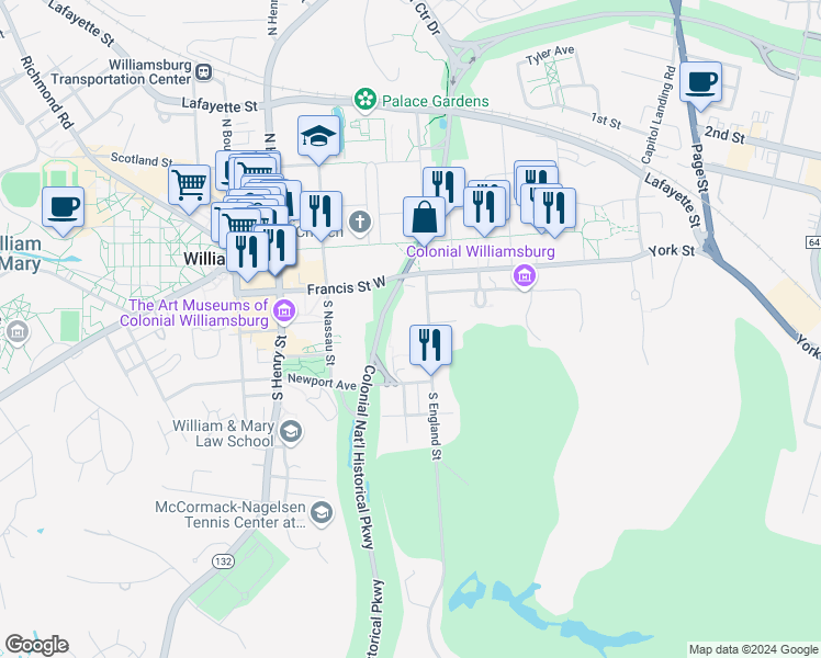 map of restaurants, bars, coffee shops, grocery stores, and more near in Williamsburg