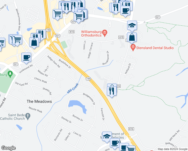 map of restaurants, bars, coffee shops, grocery stores, and more near 4054 Midlands Road in Williamsburg
