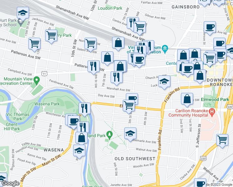 map of restaurants, bars, coffee shops, grocery stores, and more near 614 6th Street Southwest in Roanoke