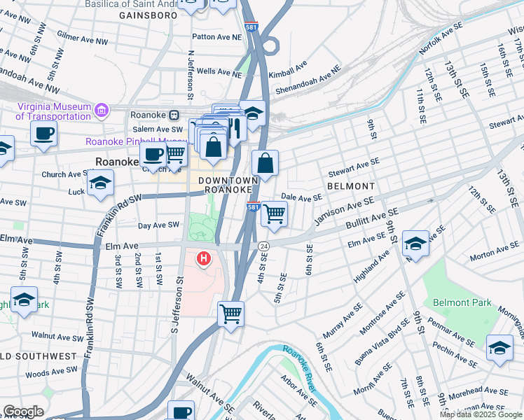 map of restaurants, bars, coffee shops, grocery stores, and more near 321 Dale Avenue Southeast in Roanoke